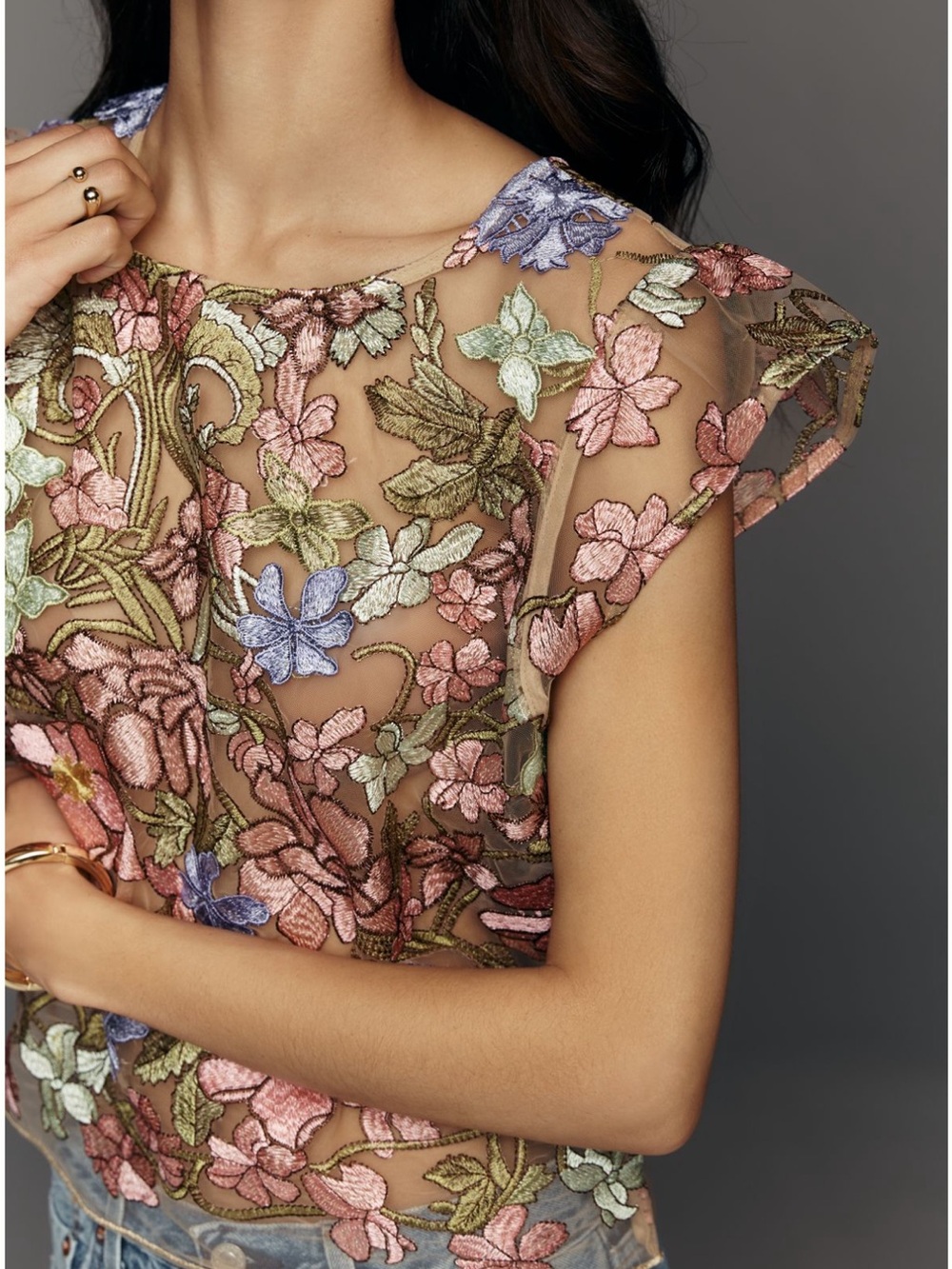 Dolan left coast Embroidered Floral Sheer Cap-Sleeve Top in Blush Multi size s - Picture 2 of 8